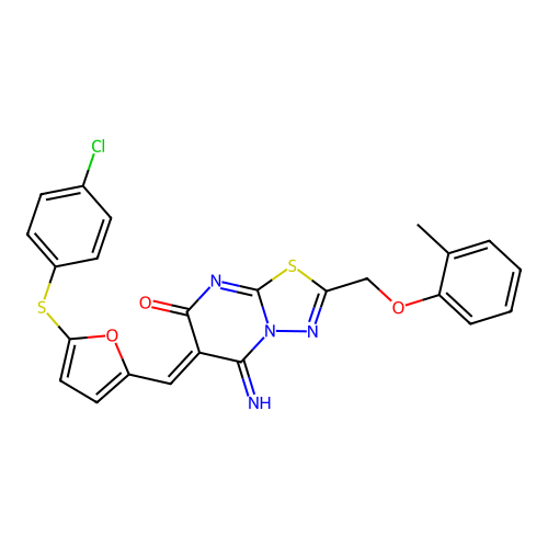 (Z)-6-((5-((4-chlorophenyl)thio)furan-2-yl)methylene)-5-imino-2-((o-tolyloxy)methyl)-5H-[1,3,4]thiadiazolo[3,2-a]pyrimidin-7(6H)-one structure