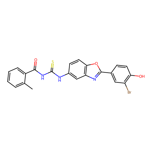 N-[[(2E)-2-(3-bromo-4-oxocyclohexa-2,5-dien-1-ylidene)-3H-1,3-benzoxazol-5-yl]carbamothioyl]-2-methylbenzamide structure