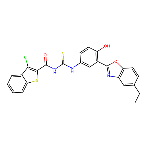 3-chloro-N-((3-(5-ethylbenzo[d]oxazol-2-yl)-4-hydroxyphenyl)carbamothioyl)benzo[b]thiophene-2-carboxamide structure