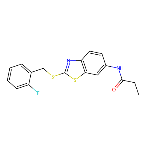 N-{2-[(2-fluorobenzyl)sulfanyl]-1,3-benzothiazol-6-yl}propanamide structure