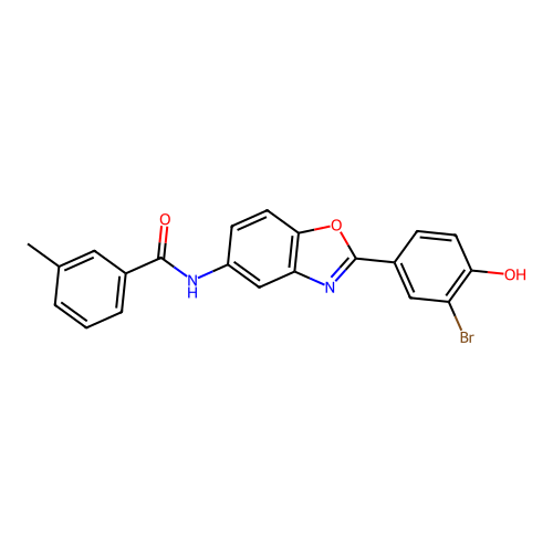 N-[2-(3-bromo-4-hydroxyphenyl)-1,3-benzoxazol-5-yl]-3-methylbenzamide structure