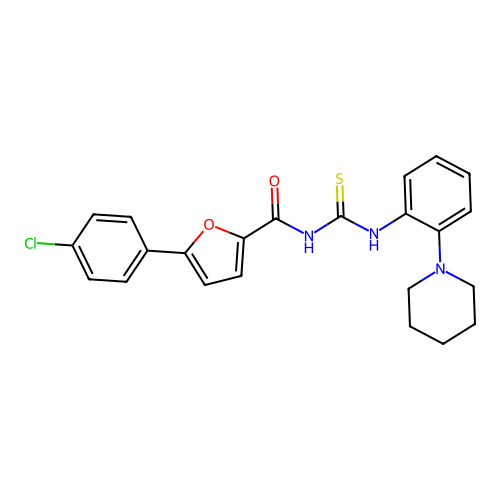 5-(4-chlorophenyl)-N-((2-(piperidin-1-yl)phenyl)carbamothioyl)furan-2-carboxamide structure