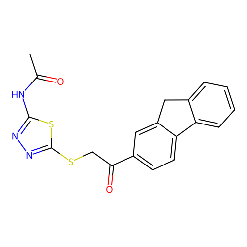 N-(5-((2-(9H-fluoren-2-yl)-2-oxoethyl)thio)-1,3,4-thiadiazol-2-yl)acetamide structure