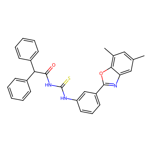 N-((3-(5,7-dimethylbenzo[d]oxazol-2-yl)phenyl)carbamothioyl)-2,2-diphenylacetamide structure