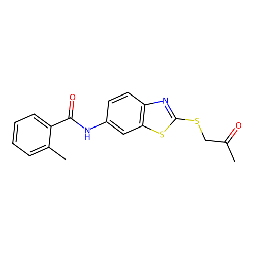 2-methyl-N-{2-[(2-oxopropyl)sulfanyl]-1,3-benzothiazol-6-yl}benzamide structure