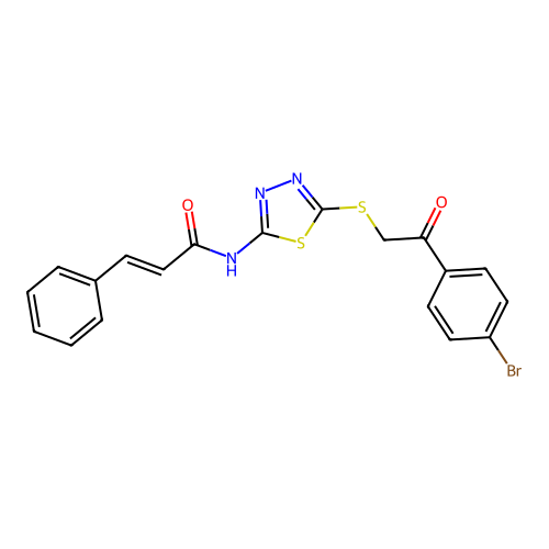(2E)-N-(5-{[2-(4-bromophenyl)-2-oxoethyl]sulfanyl}-1,3,4-thiadiazol-2-yl)-3-phenylprop-2-enamide structure
