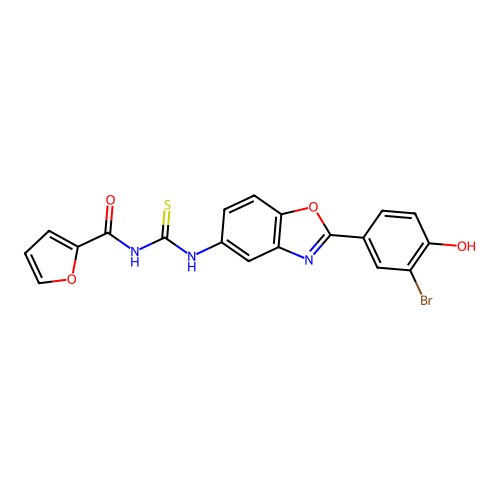 N-[[(2E)-2-(3-bromo-4-oxocyclohexa-2,5-dien-1-ylidene)-3H-1,3-benzoxazol-5-yl]carbamothioyl]furan-2-carboxamide structure