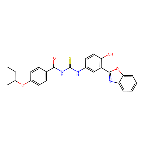 N-((3-(benzo[d]oxazol-2-yl)-4-hydroxyphenyl)carbamothioyl)-4-(sec-butoxy)benzamide structure