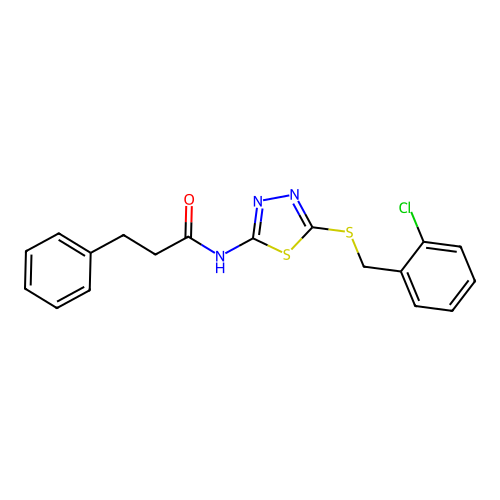 N-(5-((2-chlorobenzyl)thio)-1,3,4-thiadiazol-2-yl)-3-phenylpropanamide structure