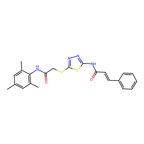 (2E)-N-[5-({2-oxo-2-[(2,4,6-trimethylphenyl)amino]ethyl}sulfanyl)-1,3,4-thiadiazol-2-yl]-3-phenylprop-2-enamide structure
