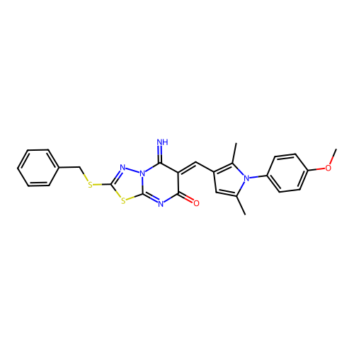 (Z)-2-(benzylthio)-5-imino-6-((1-(4-methoxyphenyl)-2,5-dimethyl-1H-pyrrol-3-yl)methylene)-5H-[1,3,4]thiadiazolo[3,2-a]pyrimidin-7(6H)-one structure