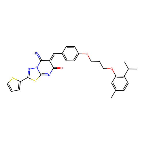 (Z)-5-imino-6-(4-(3-(2-isopropyl-5-methylphenoxy)propoxy)benzylidene)-2-(thiophen-2-yl)-5H-[1,3,4]thiadiazolo[3,2-a]pyrimidin-7(6H)-one structure