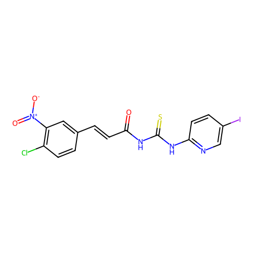 (2E)-3-(4-chloro-3-nitrophenyl)-N-[(5-iodopyridin-2-yl)carbamothioyl]prop-2-enamide structure