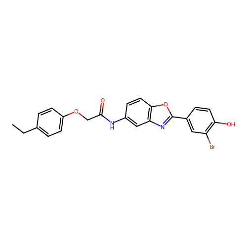 N-[2-(3-bromo-4-hydroxyphenyl)-1,3-benzoxazol-5-yl]-2-(4-ethylphenoxy)acetamide structure