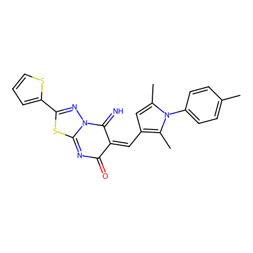 (E)-6-((2,5-dimethyl-1-(p-tolyl)-1H-pyrrol-3-yl)methylene)-5-imino-2-(thiophen-2-yl)-5H-[1,3,4]thiadiazolo[3,2-a]pyrimidin-7(6H)-one structure