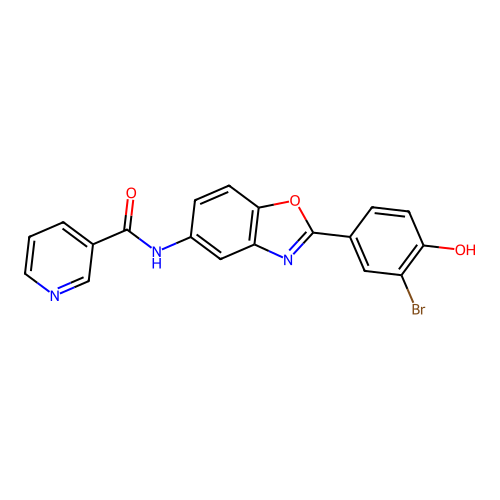 N-[2-(3-bromo-4-hydroxyphenyl)-1,3-benzoxazol-5-yl]pyridine-3-carboxamide structure