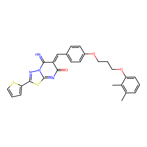 (6Z)-6-[[4-[3-(2,3-dimethylphenoxy)propoxy]phenyl]methylidene]-5-imino-2-thiophen-2-yl-[1,3,4]thiadiazolo[3,2-a]pyrimidin-7-one structure