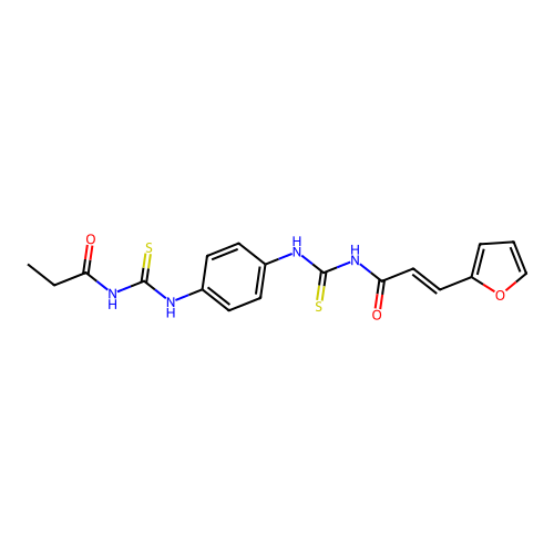 (E)-3-(furan-2-yl)-N-((4-(3-propionylthioureido)phenyl)carbamothioyl)acrylamide structure