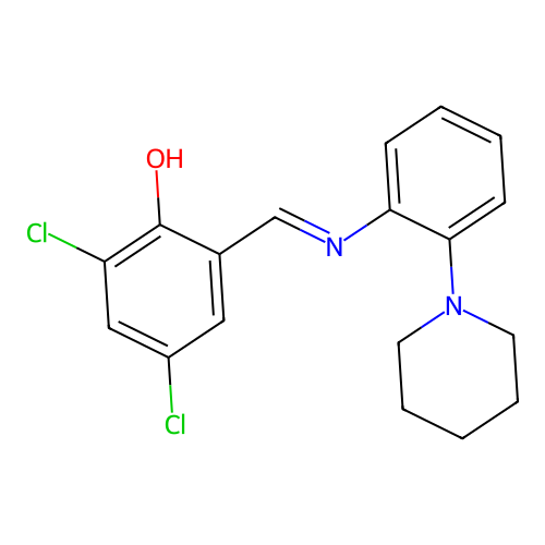 2,4-dichloro-6-[(E)-{[2-(piperidin-1-yl)phenyl]imino}methyl]phenol structure