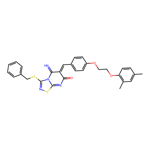 (6Z)-3-(benzylsulfanyl)-6-{4-[2-(2,4-dimethylphenoxy)ethoxy]benzylidene}-5-imino-5,6-dihydro-7H-[1,2,4]thiadiazolo[4,5-a]pyrimidin-7-one structure