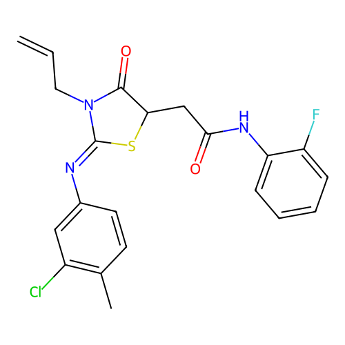2-{3-allyl-2-[(3-chloro-4-methylphenyl)imino]-4-oxo-1,3-thiazolidin-5-yl}-N-(2-fluorophenyl)acetamide structure