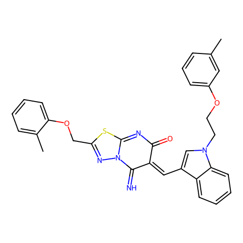 (Z)-5-imino-6-((1-(2-(m-tolyloxy)ethyl)-1H-indol-3-yl)methylene)-2-((o-tolyloxy)methyl)-5H-[1,3,4]thiadiazolo[3,2-a]pyrimidin-7(6H)-one structure