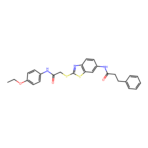 N-(2-((2-((4-ethoxyphenyl)amino)-2-oxoethyl)thio)benzo[d]thiazol-6-yl)-3-phenylpropanamide structure
