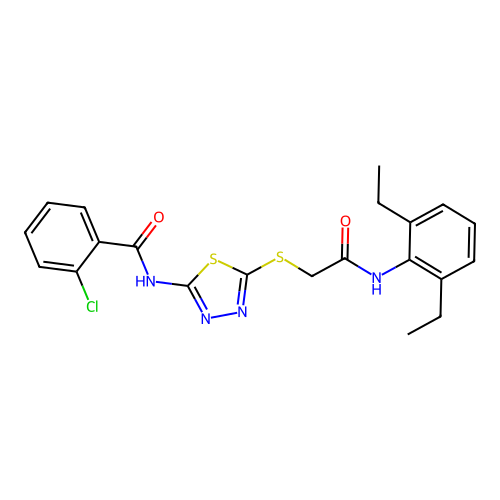 2-chloro-N-(5-((2-((2,6-diethylphenyl)amino)-2-oxoethyl)thio)-1,3,4-thiadiazol-2-yl)benzamide structure