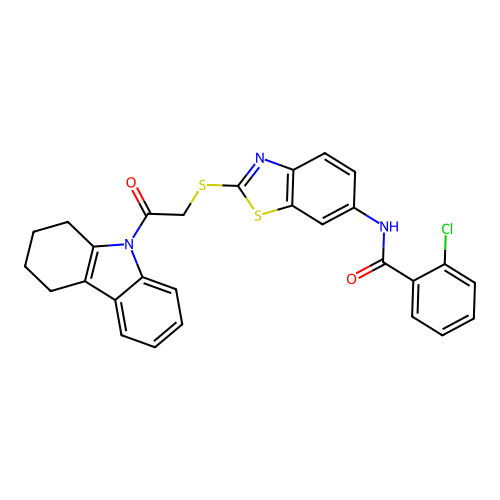 2-chloro-N-(2-{[2-oxo-2-(1,2,3,4-tetrahydro-9H-carbazol-9-yl)ethyl]sulfanyl}-1,3-benzothiazol-6-yl)benzamide structure