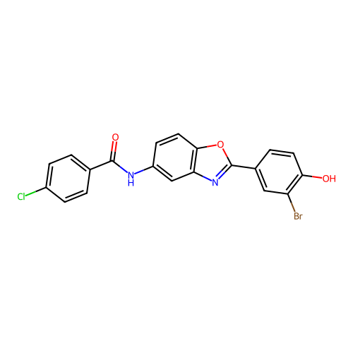N-[2-(3-bromo-4-hydroxyphenyl)-1,3-benzoxazol-5-yl]-4-chlorobenzamide structure