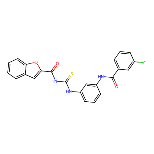 N-((3-(3-chlorobenzamido)phenyl)carbamothioyl)benzofuran-2-carboxamide structure