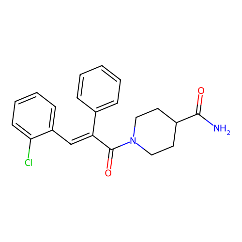 1-[(2E)-3-(2-chlorophenyl)-2-phenylprop-2-enoyl]piperidine-4-carboxamide structure