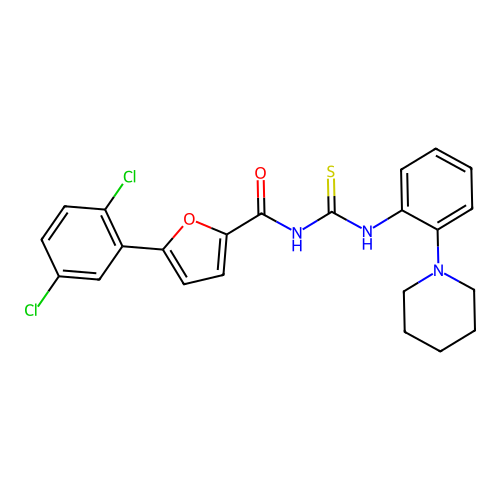 5-(2,5-dichlorophenyl)-N-((2-(piperidin-1-yl)phenyl)carbamothioyl)furan-2-carboxamide structure