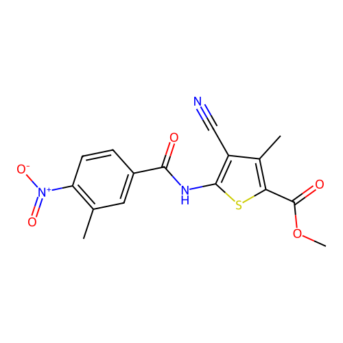 Methyl 4-cyano-3-methyl-5-(3-methyl-4-nitrobenzamido)thiophene-2-carboxylate structure