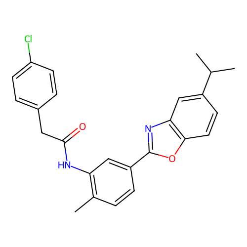 2-(4-chlorophenyl)-N-(5-(5-isopropylbenzo[d]oxazol-2-yl)-2-methylphenyl)acetamide structure