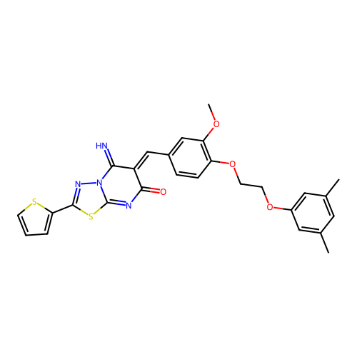 (6Z)-6-[[4-[2-(3,5-dimethylphenoxy)ethoxy]-3-methoxyphenyl]methylidene]-5-imino-2-thiophen-2-yl-[1,3,4]thiadiazolo[3,2-a]pyrimidin-7-one structure