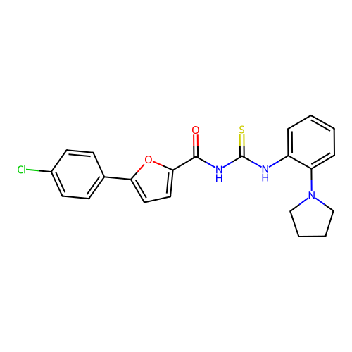 5-(4-chlorophenyl)-N-((2-(pyrrolidin-1-yl)phenyl)carbamothioyl)furan-2-carboxamide structure