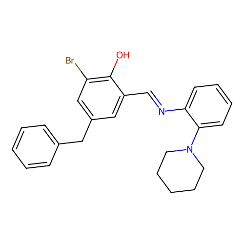 4-benzyl-2-bromo-6-[(E)-{[2-(piperidin-1-yl)phenyl]imino}methyl]phenol structure
