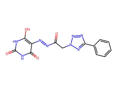 2-(5-phenyltetrazol-2-yl)-N-[(2,4,6-trioxo-1,3-diazinan-5-ylidene)amino]acetamide structure