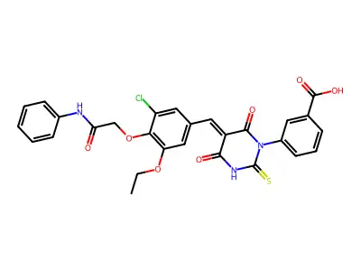 3-[5-[[4-(2-anilino-2-oxoethoxy)-3-chloro-5-ethoxyphenyl]methylidene]-4,6-dioxo-2-sulfanylidene-1,3-diazinan-1-yl]benzoic acid structure