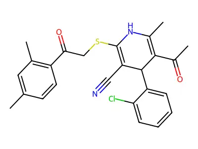 5-acetyl-4-(2-chlorophenyl)-2-[2-(2,4-dimethylphenyl)-2-oxoethyl]sulfanyl-6-methyl-1,4-dihydropyridine-3-carbonitrile structure