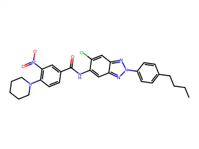 N-[2-(4-butylphenyl)-6-chloro-benzotriazol-5-yl]-3-nitro-4-(1-piperidyl)benzamide structure