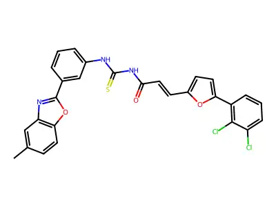 3-[5-(2,3-Dichlorophenyl)furan-2-yl]-N-[{[3-(5-methyl-1,3-benzoxazol-2-yl)phenyl]imino}(sulfanyl)methyl]prop-2-enimidic acid structure