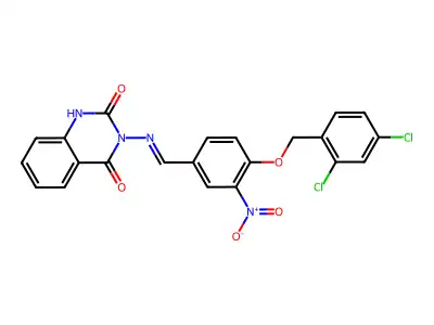 3-[[4-[(2,4-dichlorophenyl)methoxy]-3-nitrophenyl]methylideneamino]-1H-quinazoline-2,4-dione structure