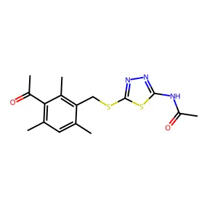 N-{5-[(3-acetyl-2,4,6-trimethylbenzyl)sulfanyl]-1,3,4-thiadiazol-2-yl}acetamide structure