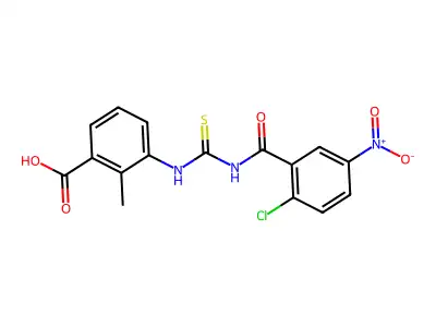 3-[[[(2-Chloro-5-nitrobenzoyl)amino]thioxomethyl]amino]-2-methyl-benzoic acid structure