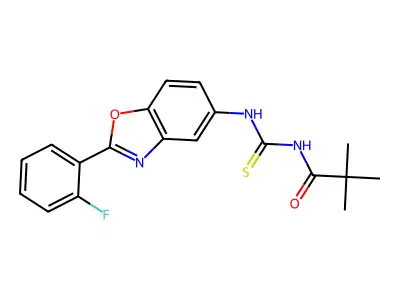 N-((2-(2-fluorophenyl)benzo[d]oxazol-5-yl)carbamothioyl)pivalamide structure