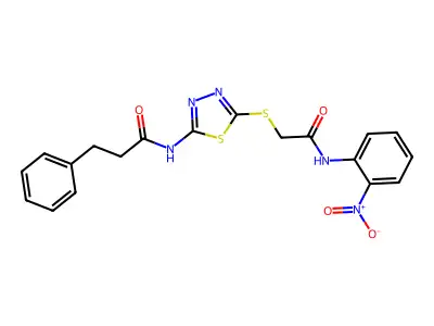 N-(5-((2-((2-nitrophenyl)amino)-2-oxoethyl)thio)-1,3,4-thiadiazol-2-yl)-3-phenylpropanamide structure