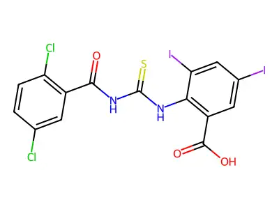 2-[[[(2,5-Dichlorobenzoyl)amino]thioxomethyl]amino]-3,5-diiodo-benzoic acid structure