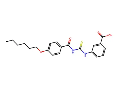 3-[[[[4-(Hexyloxy)benzoyl]amino]thioxomethyl]amino]-benzoic acid structure